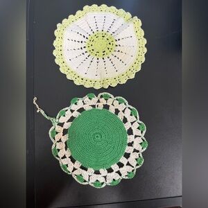 Handmade Crochet Round Doilies in Green and Cream set of 2